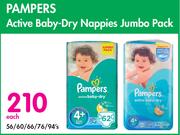 Pampers Active Baby Dry Nappies Jumpo Pack-56/ 60/ 66/ 76/ 94's Pack Each