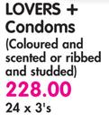 Lovers+ Condoms(Coloured And Scented Or Ribbed And Studded)-24x3's