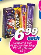 Cadbury 5 Star-48g/Crunchie-35g/P.S-46g/Astros-45g Each