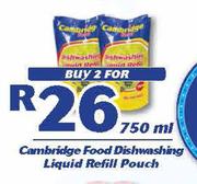Cambridge Food Dishwashing Liquid Refill Pouch-2x750ml 
