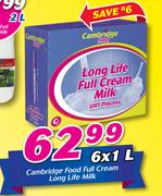 Cambridge Food Full Cream Long Life Milk-6 x 1Ltr