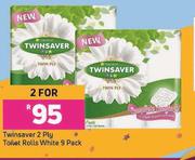 Twinsaver 2 Ply Toilet Rolls White 9 Pack-For 2