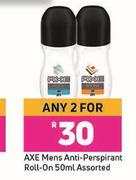 Axe Mens Anti Perspirant Roll On Assorted-For Any 2 x 50ml