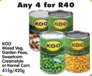 Koo Mixed Veg, Garden Peas, Sweetcorn Creamstyle Or Kernel Corn-4x415/420g