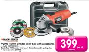 Black And Decker 900W 115MM Grinder In Kit Box With Accessories KG915KDGGB- Per Kit