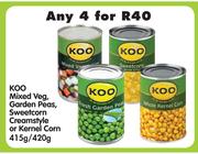 Koo Mixed Veg, Garden Peas, Sweetcorn Creamstyle Or Kernel Corn-415g/420g