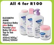 Elizabeth Anne Aqueous Baby+Baby Powder+Baby Oil+Top To Toe Wash-4x450ml/400g/200ml/500ml