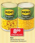 Koo Whole Kernel Corn/Creamstyle Sweetcorn-410/415g Each