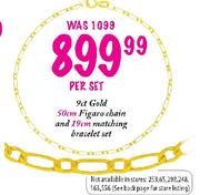 9ct Gold 50cm Figaro Chain and 19cm Matching Bracelet Set-per set