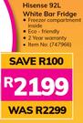 Hisense 92Ltr White Bar Fridge