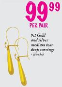 9ct Gold and Silver Medium Tear Drop Earrings-per pair