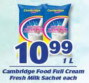 Cambridge Food Full Cream Fresh Milk Sachet-1Ltr Each
