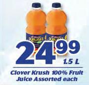 Clover Krush 100% Fruit Juice Assorted-1.5Ltr Each