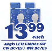 Aegls LED Globes 6W CW BC/ES/ WW BC/ES-Each