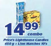 Price's Lighthouse Candles-450g + Lion Matches-10's Combo