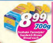 Sunbake Farmstyle/Sandwich Brown Bread-700g Each