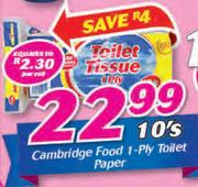 Cambridge Food 1 Ply Toilet Paper-10's