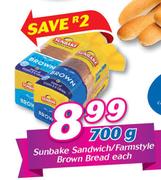 Sunbake Sandwich/ Farmstyle Brown Bread-700g Each
