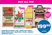 Selati Brown Sugar 2kg + White Star Super maize Meal 5kg + Tastic Rice 10Kg + Sunfoil Sunflower Oil 