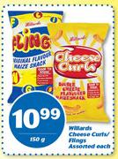 Willards Cheese Curls/Flings Assorted-150g Each