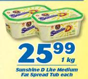 Sunshine D Lite Medium Fat Spread Tub-1Kg Each