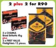 Charka Braai Briketts 2x4kg+ First Value Firelighters-2x12 Piece
