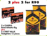 2x Charka Braai Briketts 4Kg+ 2x First Value Firelighters 12 Pieces