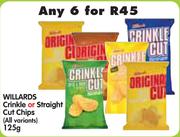 Willards Crinkle or Straight Cut Chips (All Variants)-6 x 125gm