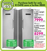 Whirlpool 394Ltr Upright Fridge WME36962X + Whirlpool 282Ltr Upright Freezer WVE26962NFX