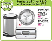 Totally Home Stainless Steel Bread Bin, Wall Clock & Home Living 5L Pedal Bin