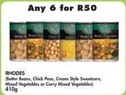 Rhodes (Butter Beans, Chick Peas, Cream Style Sweetcorn, Mixed Veg or Curry Mixed Veg)-6 x 410gm
