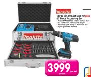 Makita 18V Li-Ion Impact Drill Kit Plus 67 Piece Accessory Set BHP453RHEX-Per Set
