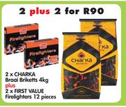 2x Charka Braai Briketts-4kg + 2x First Value Firelighters-12 Pieces