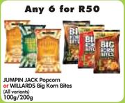 Jumpin Jack Popcorn or Willards Big Korn Bites (All Variants)-6 x 100gm/200gm