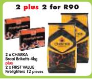  2x Charka Braai Briketts-4kg + 2x First Value Firelighters-12 Pieces