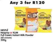 Nestle Nespray Or Klim Full Cream Instant Milk Powder(All Variants)-3x500g