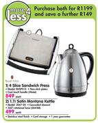 Russell Hobbs 4 Slice Sandwich Press RHSP014 Plus Russell Hobbs 1.7L Satin Montana Kettle 3067-20