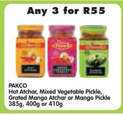 Pakco Hot Atchar, Mixed Vegetable Pickle, Grated Mango Atchar Or Mango Pickle-3x385g/400g/410g