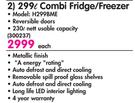 Hisense 299L Combi Fridge/Freezer H299BME