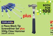 Toplink 6 Piece Black Tip Screwdriver Set plus 500g Claw Hammer