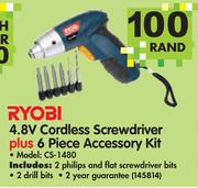 Ryobi 4.8V Cordless Screwdriver plus 6 Piece Accessory Kit CS-1480