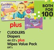 Cuddlers Diapers 44-52's+ Wipes Value Pack 64's