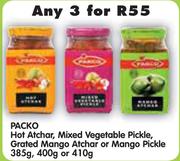 Packo Hot Atchar,Mixed Vegetables Pickle,Grated Mango Atchar or Mango Pickle-3 x 385gm,400gm or 410g