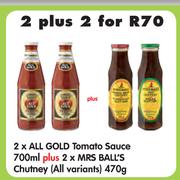 2xAll Gold Tomato Sauce-700ml + 2x Mrs Ball's Chutney(All Variants)-470g