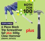 6 Piece Black Trip Screwdriver Set+ 500g Claw Hammer