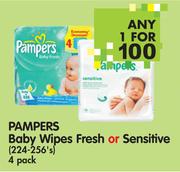Pampers Baby Wipes Fresh Or Sensitive(224-256's)-1x4 Pack
