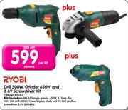Ryobi Drill 500W, GRinder 650W And 3.6V Screwdriver Kit KIT282