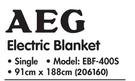 AEG Electric Blanket Single 91x188cm EBF-400S