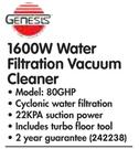 Genesis 1600W Water Filtration Vacuum Cleaner 80GHP