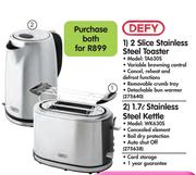 Defy 2 Slice Stainless Steel Toaster TA630S + Sunbeam 1.7Ltr Stainless Steel Kettle WK630S